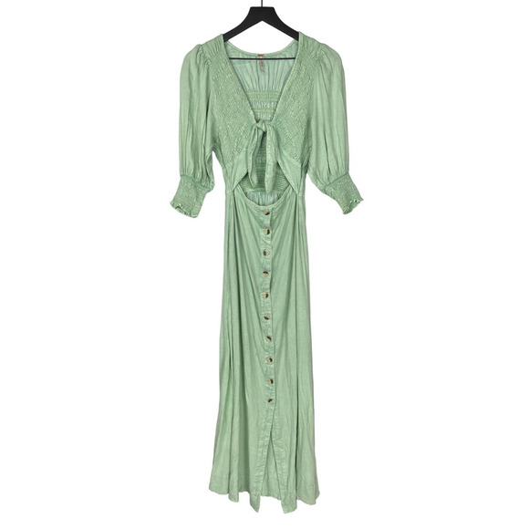 NEW Free People Maxi Dress String of Hearts Long Sleeve Shirred Green Medium - Picture 2 of 11